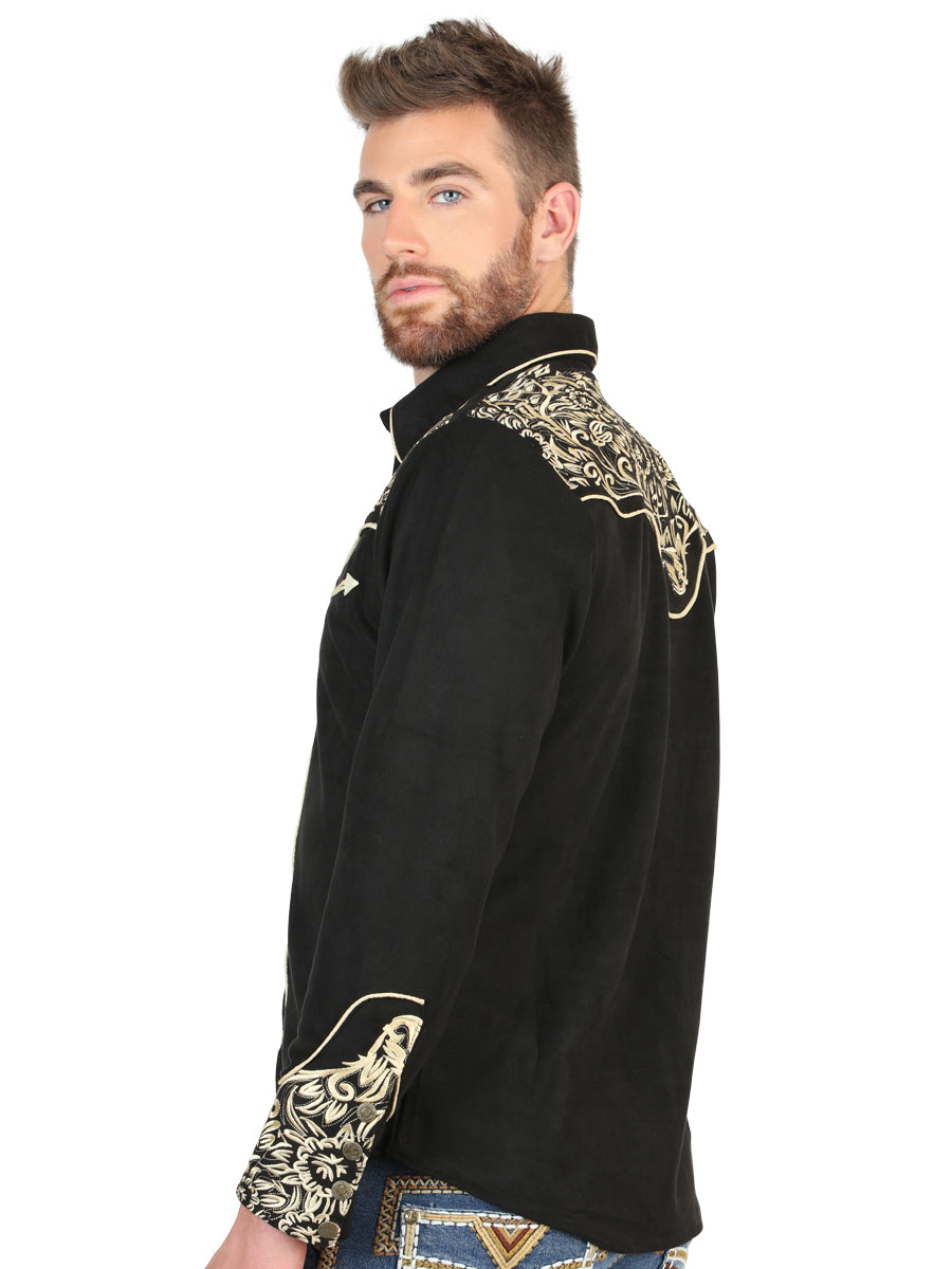 El General Men’s Long Sleeve Western Shirt - Black/Gold Embroidery 45654
