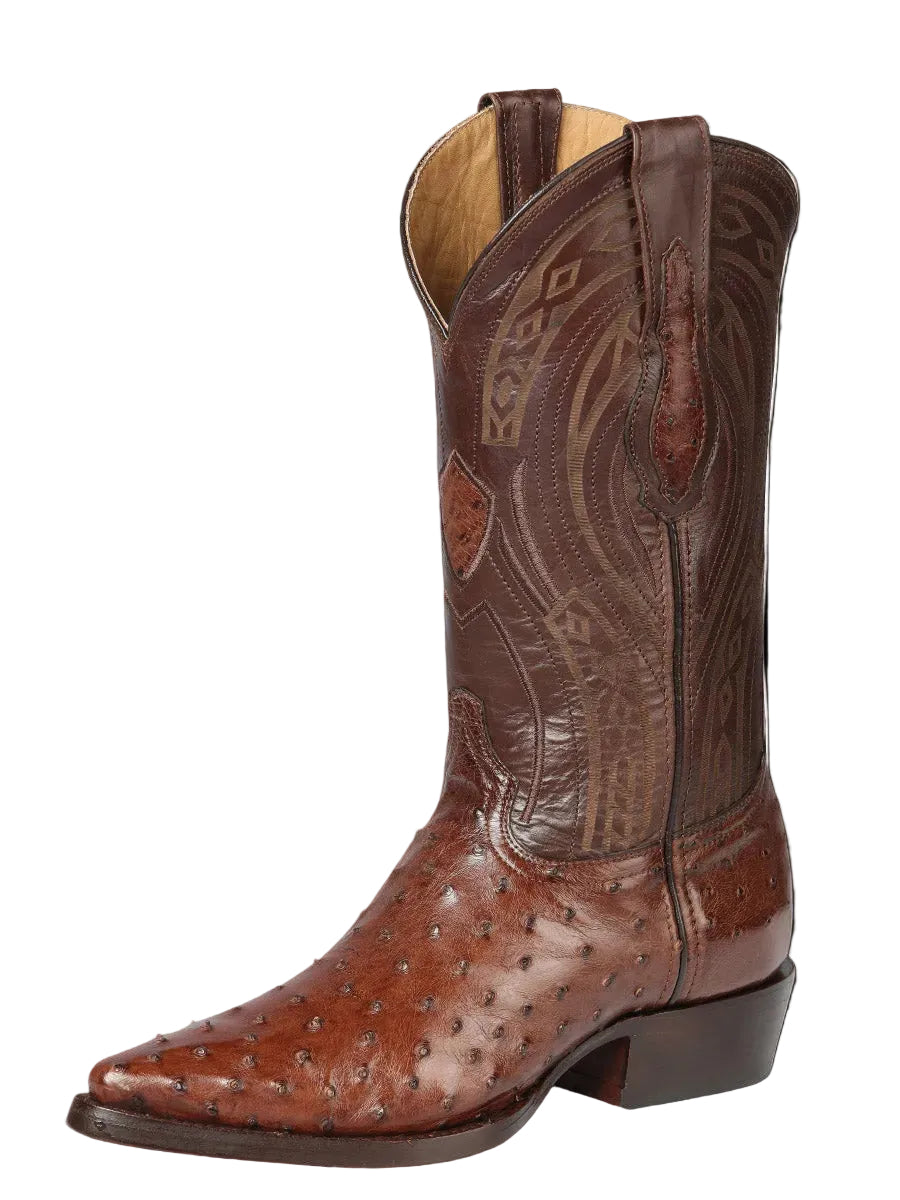 A brown exotic ostrich leather cowboy boot with a detailed pattern and a high heel.
