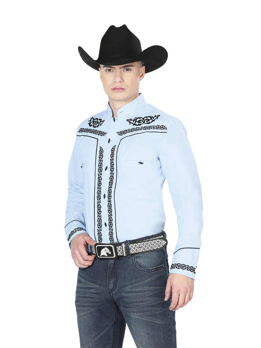 Mens El Señor de los Cielos Charro Embroidery Shirt Blue/Black  40785