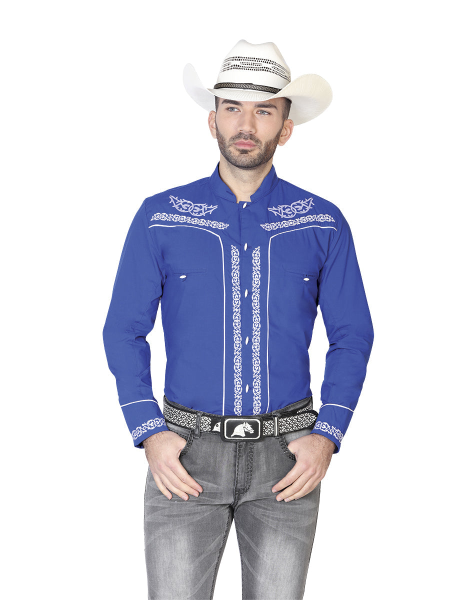 Mens El Señor de los Cielos Charro Embroidery Shirt Royal  Blue/White 42878