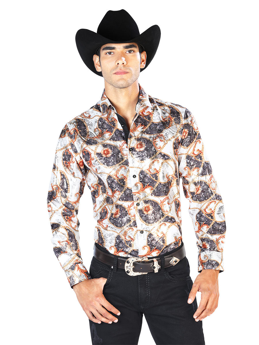 Off White And Gold Casual Long Sleeve  Shirt 43566