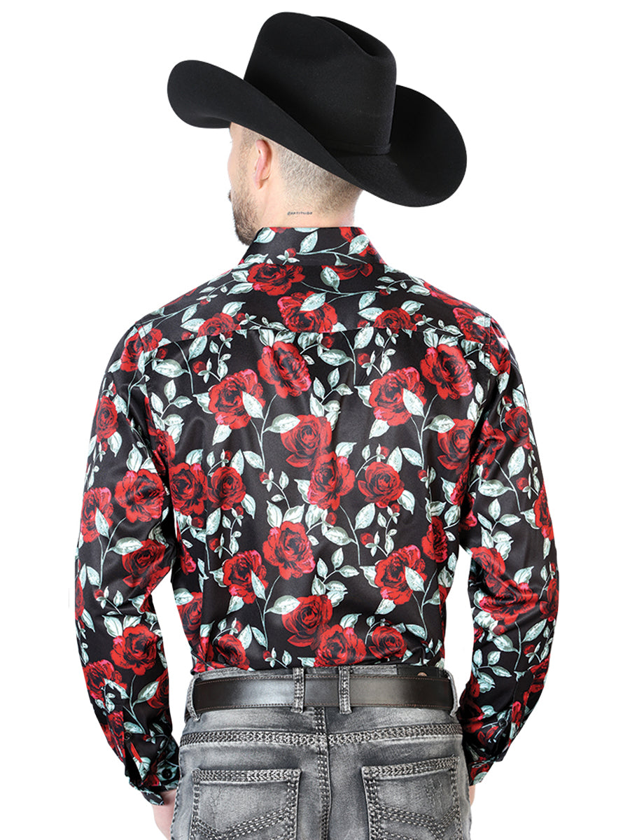 Black With Red Roses Casual Long Sleeve Shirt 43667