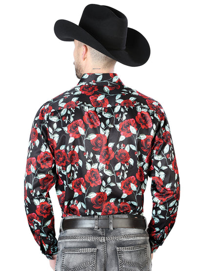Black With Red Roses Casual Long Sleeve Shirt 43667