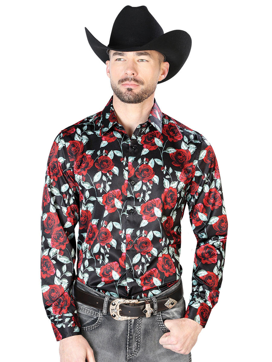 Black With Red Roses Casual Long Sleeve Shirt 43667