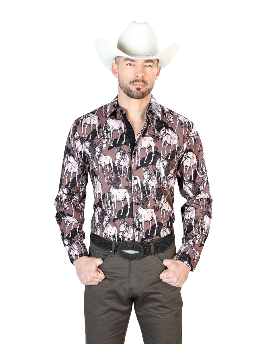 Black And Beige Horse Print Long Sleeve  Shirt 43699