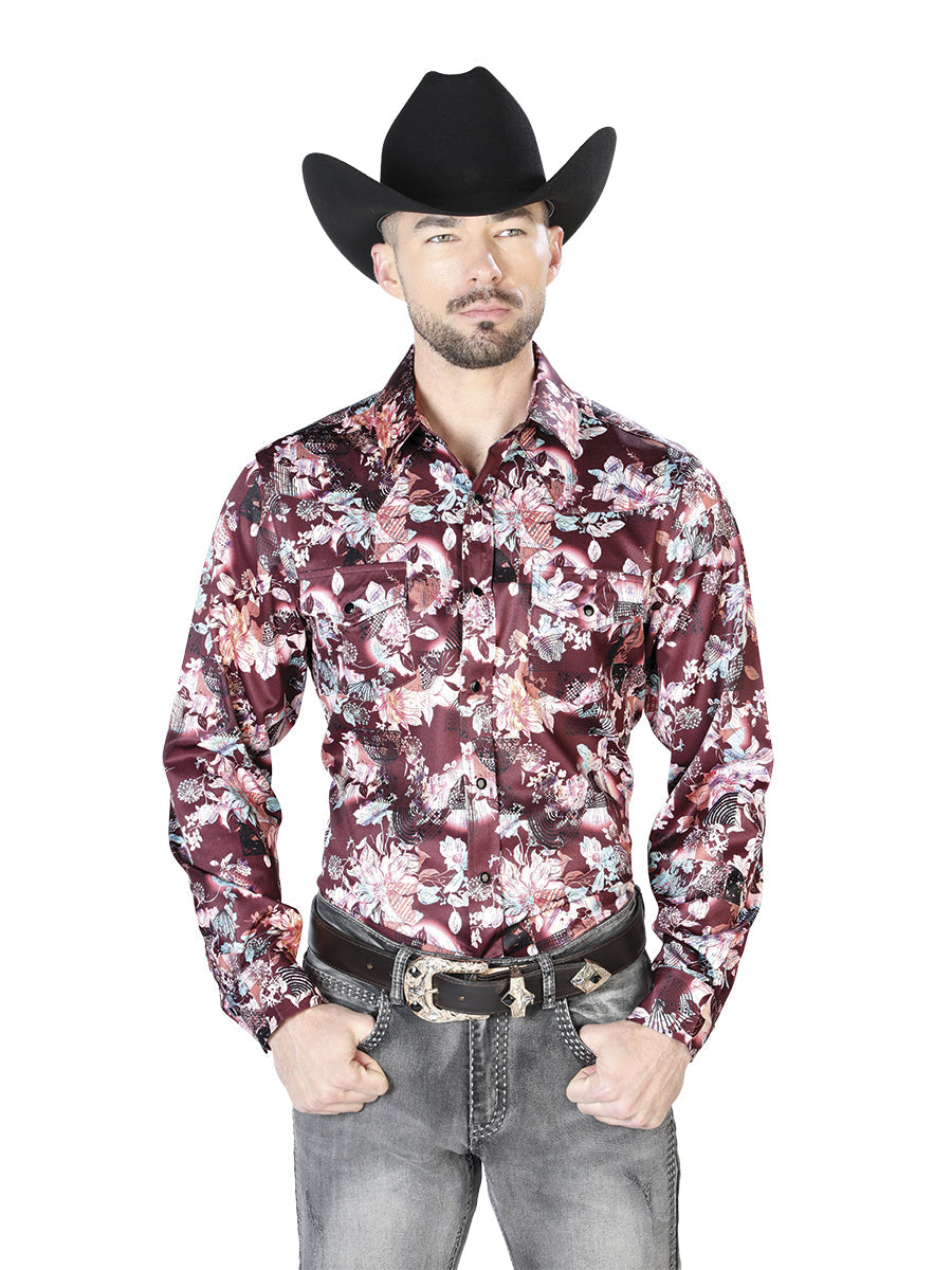 Wine And Beige Flower Print Casual Long Sleeve Shirt 43936