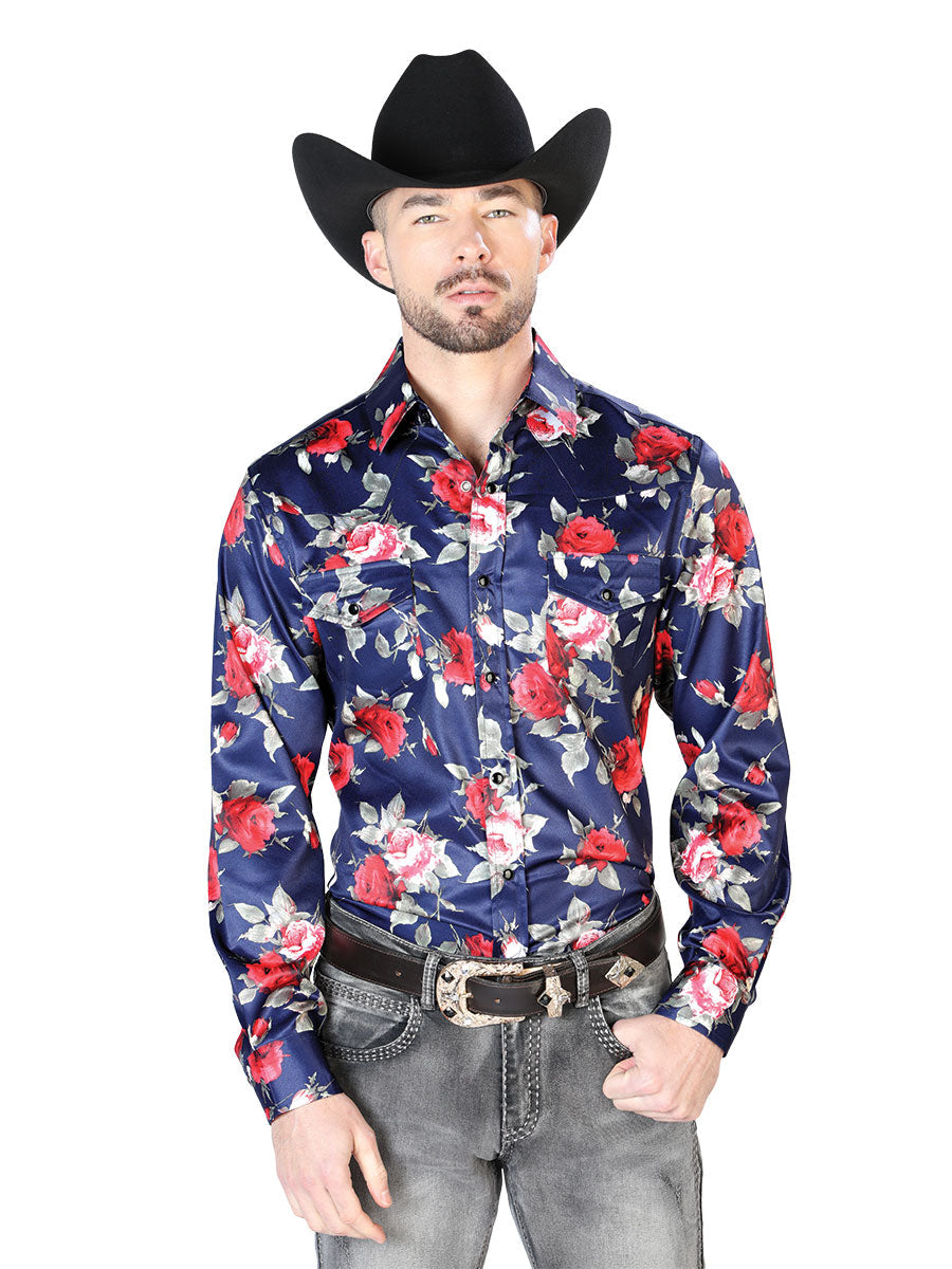 Blue Flower Print Casual Long Sleeve Shirt 43937