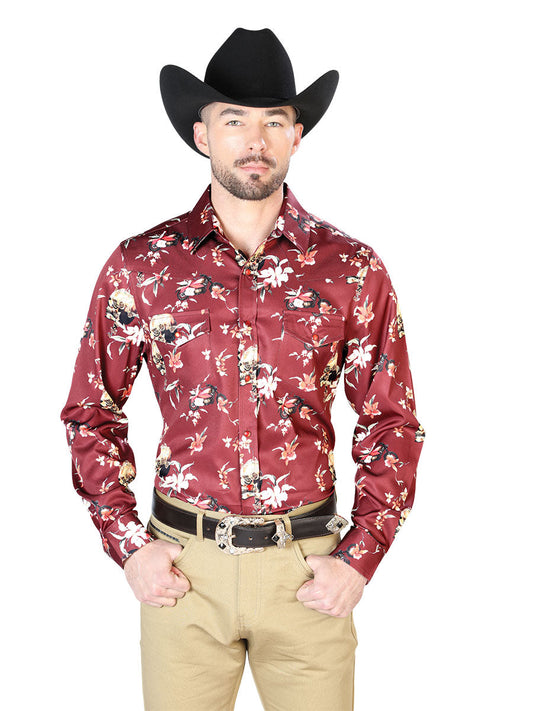 Burgandy Flowers Casual Long Sleeve Shirts 43951