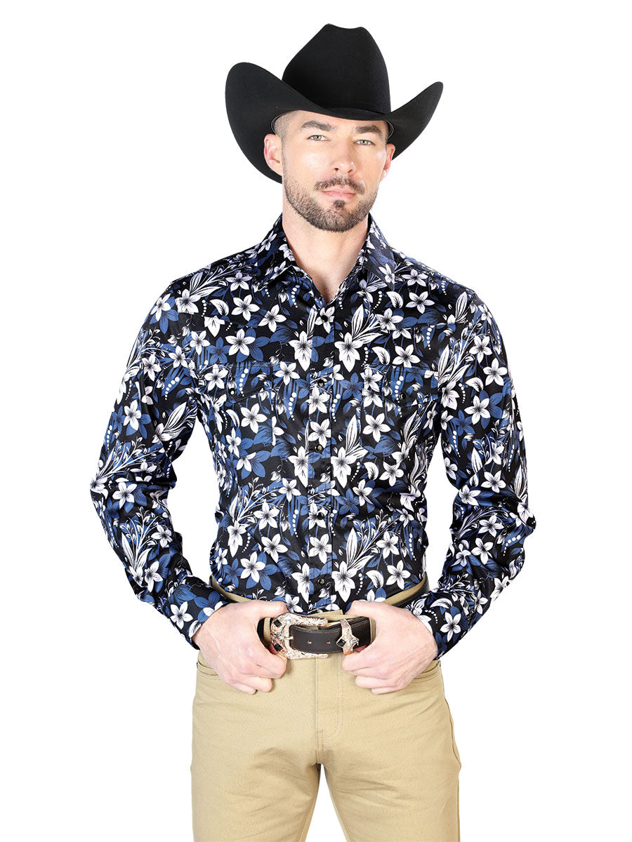 Blue Flower Casual Long Sleeve Shirt 43954