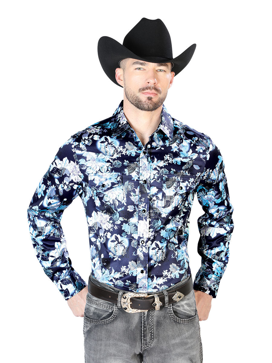 Blue Flower Print Casual Long Sleeve Shirt 43958