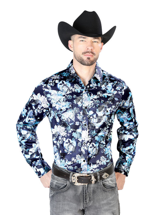 Blue Flower Print Casual Long Sleeve Shirt 43958