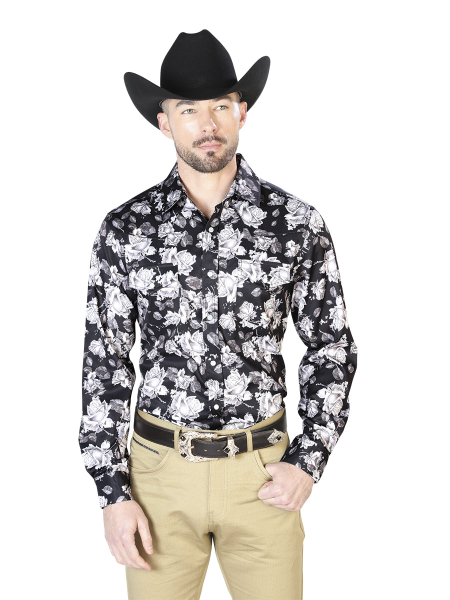 Black Flower Print Casual Long Sleeve Shirt 43960