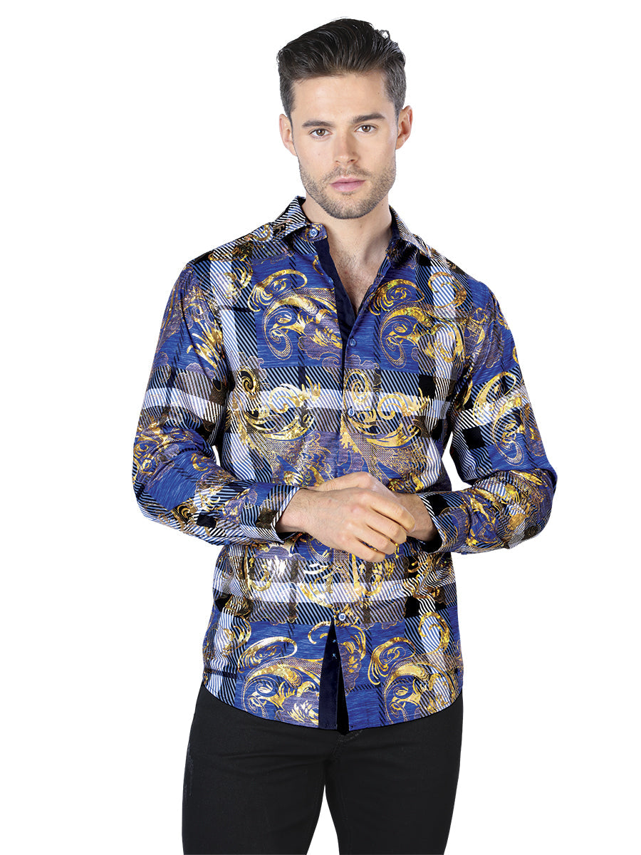 Blue Gold Print Casual Long Sleeve Shirt 44023