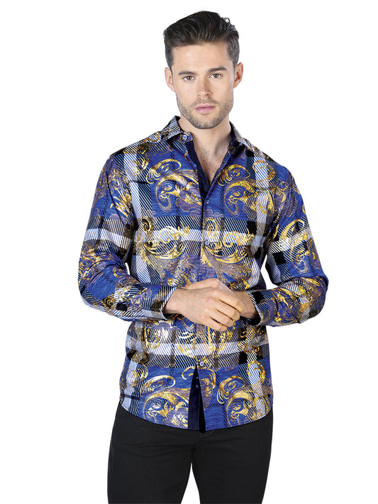 Blue Gold Print Casual Long Sleeve Shirt 44023