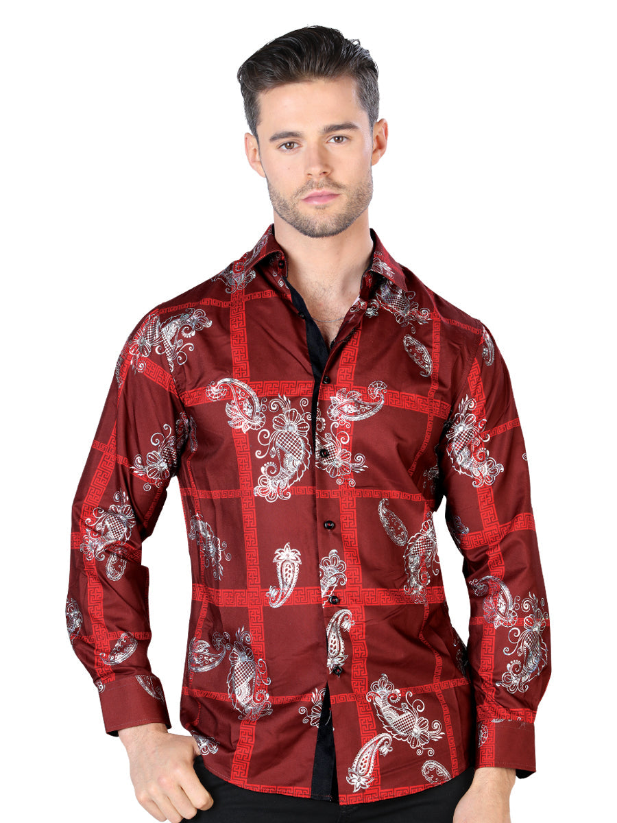 Wine And Silver Casual Long Sleeve Shirt 44027