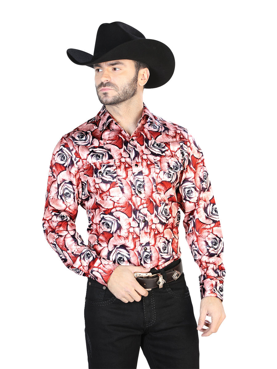 Red With Roses Casual Long Sleeve Shirt 44068