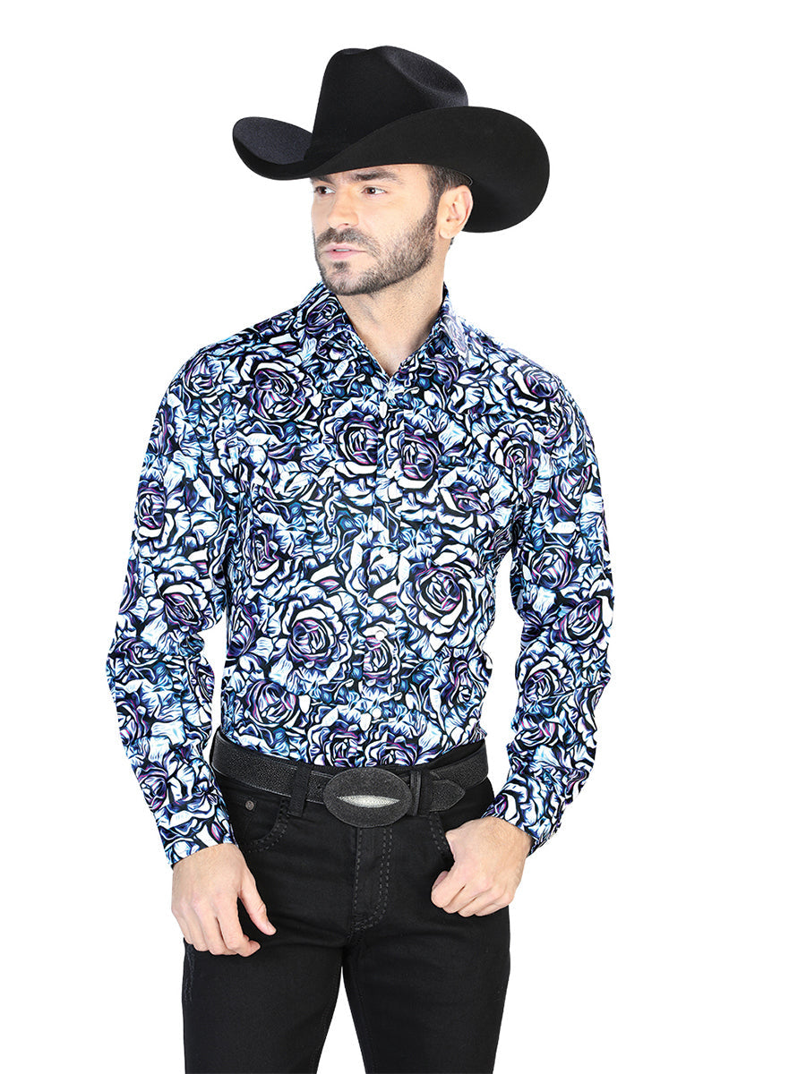 Blue Rose Print Casual Long Sleeve Shirt 44069