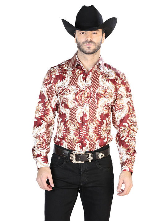 Burgundy And Gold Casual Long Sleeve Shirt 44071