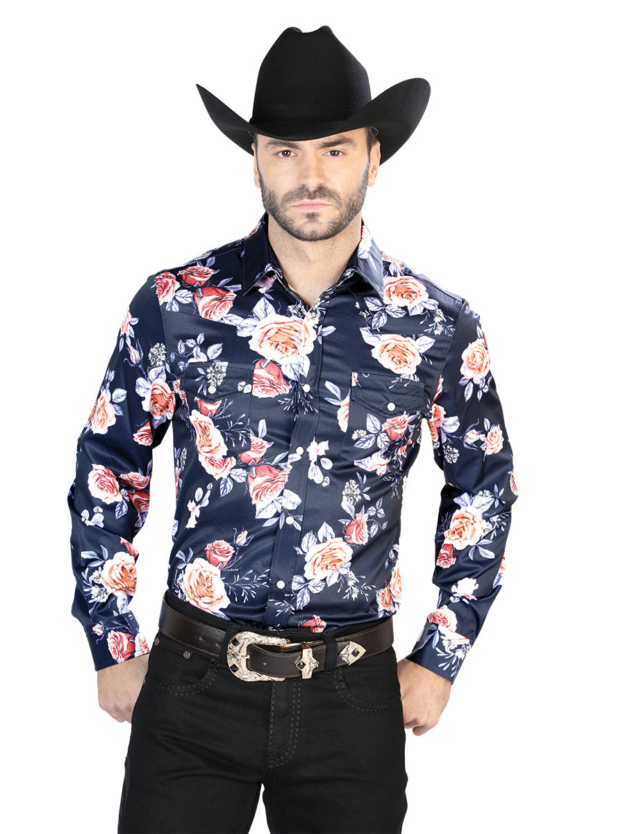 Navy/Roses Casual Long Sleeve Shirt 44089