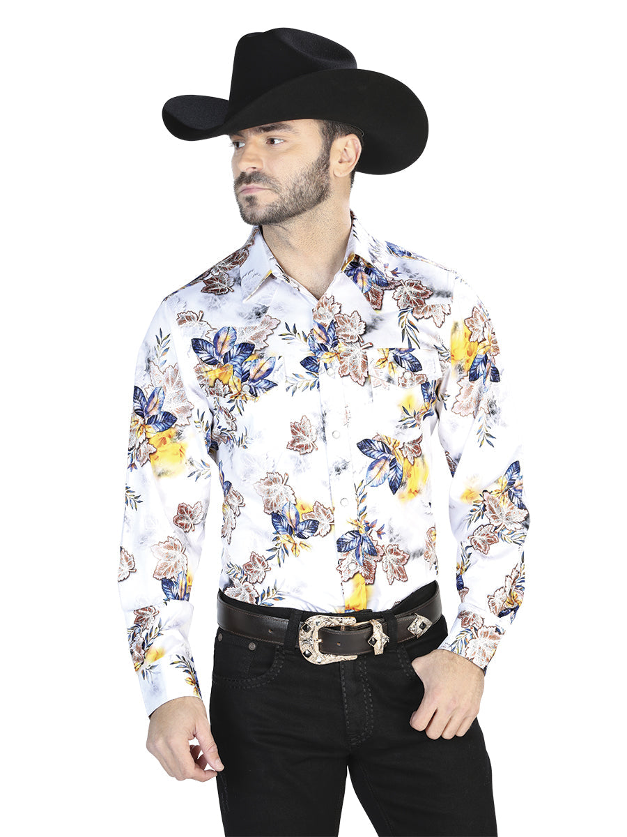 White With Flower Print Casual Long Sleeve Shirt 44097
