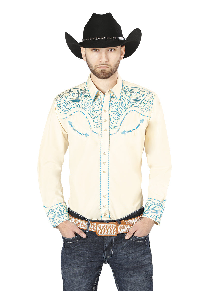 El General Embroidery Western Shirt Beige/Blue 44199
