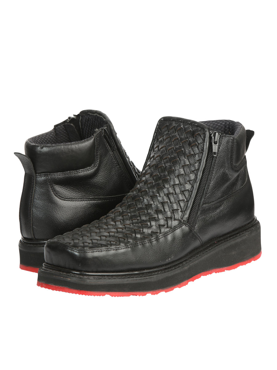 El General Men’s Black Woven Ankle Boots with Zipper 45183