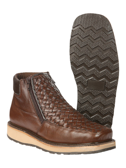 El General Men’s Brown Woven Ankle Boots with Zipper 45184