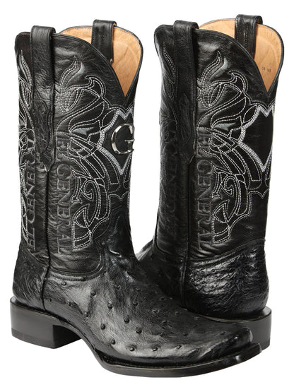El General Men's Exotic Ostrich Leather Cowboy Boots - Black  45515
