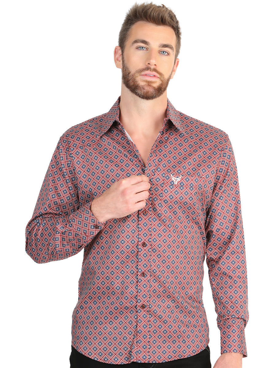 El General Men’s Long Sleeve Western Shirt - Burgundy 45608