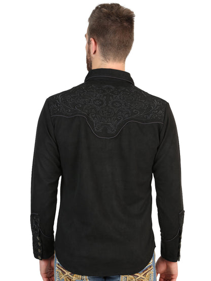 El General Men’s Long Sleeve Western Shirt - Black/Black Embroidery  45653