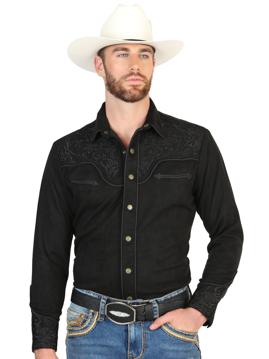 El General Men’s Long Sleeve Western Shirt - Black/Black Embroidery  45653
