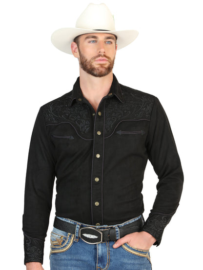 El General Men’s Long Sleeve Western Shirt - Black/Black Embroidery  45653