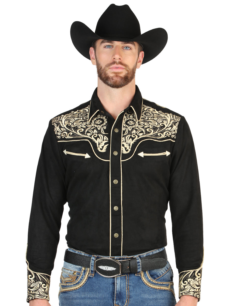 El General Men’s Long Sleeve Western Shirt - Black/Gold Embroidery  45654