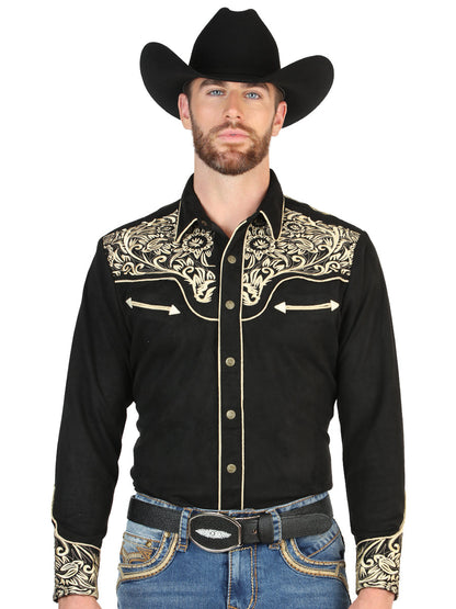 El General Men’s Long Sleeve Western Shirt - Black/Gold Embroidery  45654