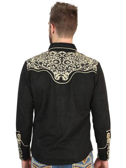 El General Men’s Long Sleeve Western Shirt - Black/Gold Embroidery  45654