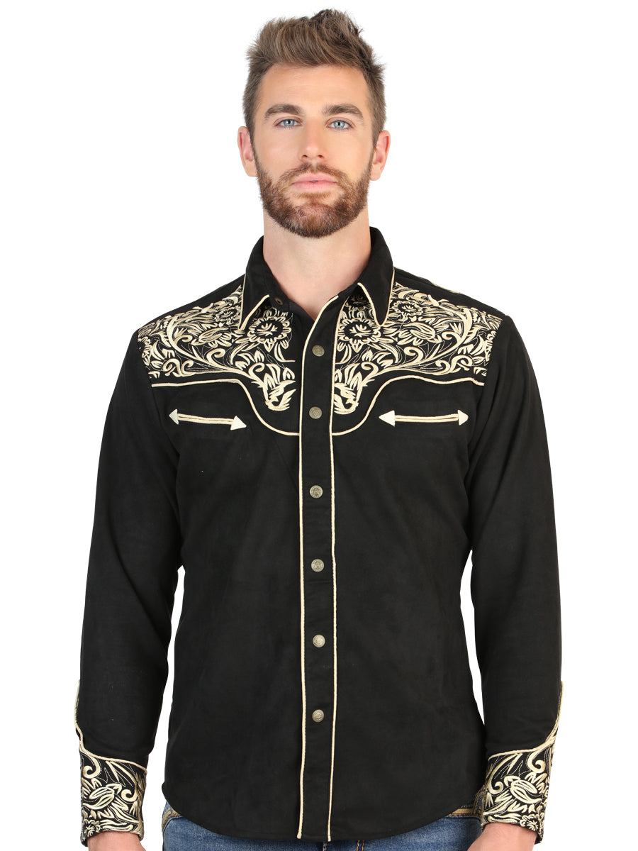 El General Men’s Long Sleeve Western Shirt - Black/Gold Embroidery  45654