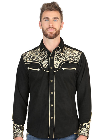 El General Men’s Long Sleeve Western Shirt - Black/Gold Embroidery  45654