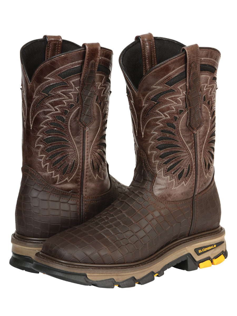 Men's El General Work Boot Caiman Print Leather - Choco 45809