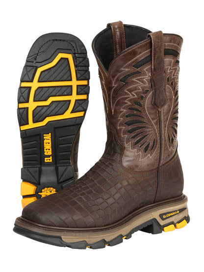 Men's El General Work Boot Caiman Print Leather - Choco 45809