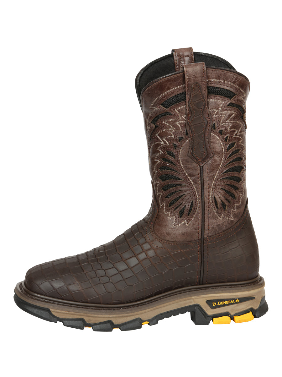 Men's El General Work Boot Caiman Print Leather - Choco 45809