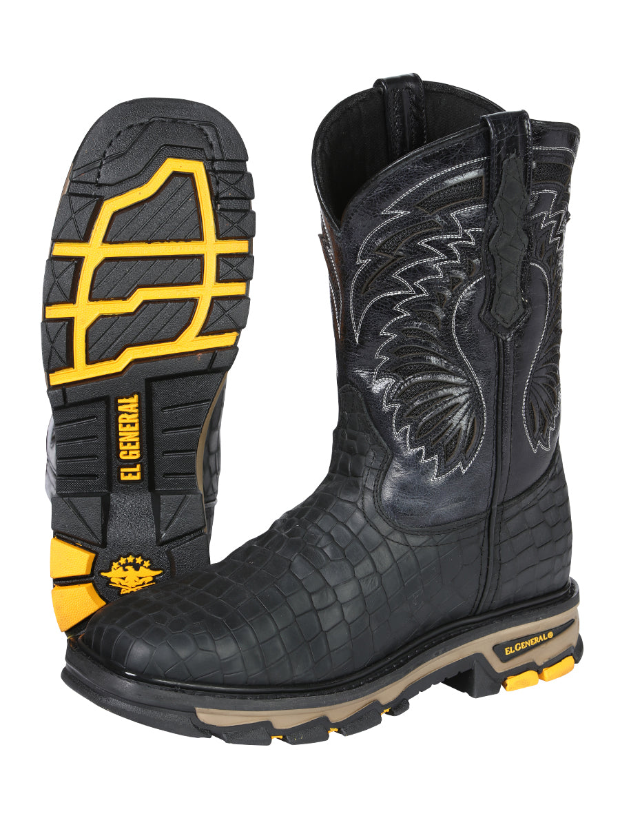 Men's El General Work Boot Caiman Print Leather - Black 45810