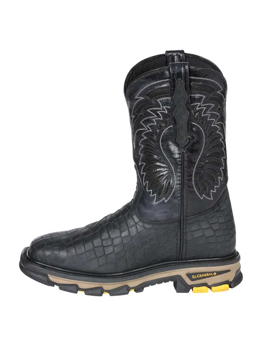 Men's El General Work Boot Caiman Print Leather - Black 45810