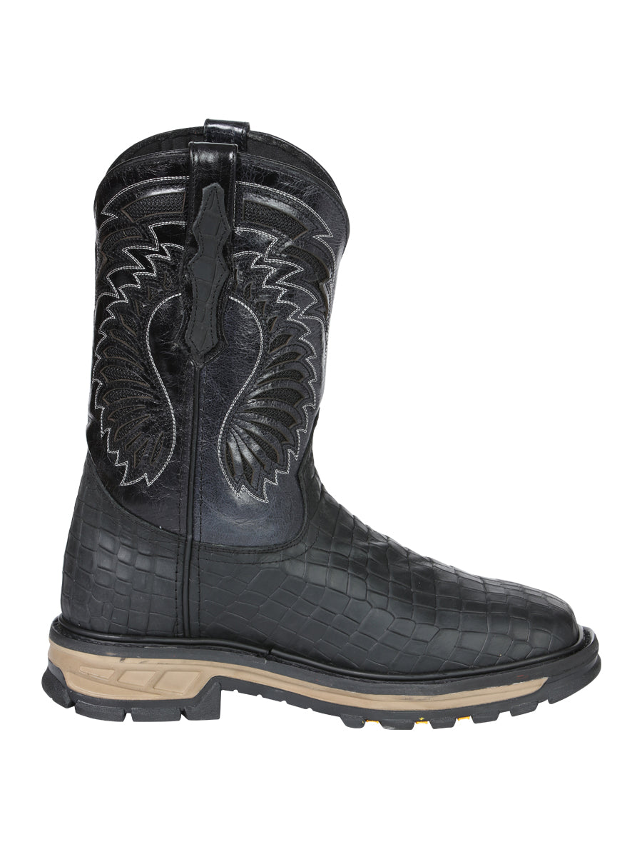 Men's El General Work Boot Caiman Print Leather - Black 45810