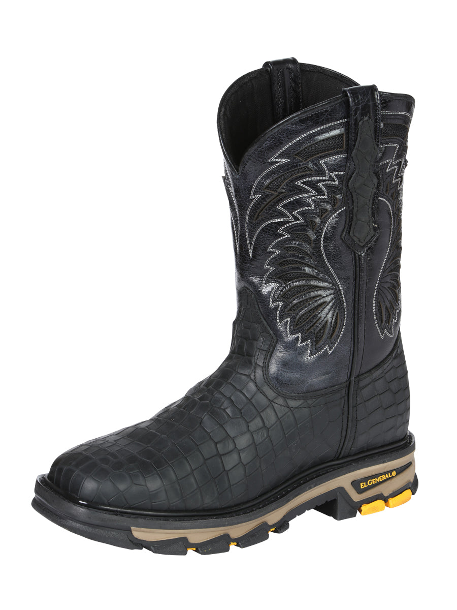 Men's El General Work Boot Caiman Print Leather - Black 45810