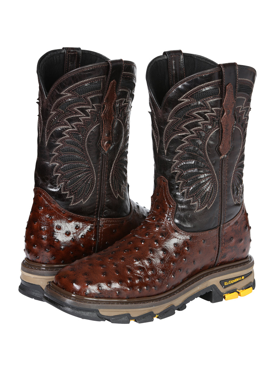 Men's El General Work Boot Ostrich Print Leather - Brown 45814
