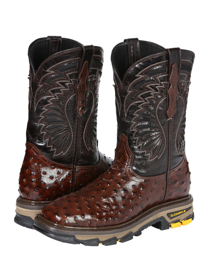 Men's El General Work Boot Ostrich Print Leather - Brown 45814