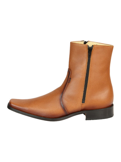 El Becerro Men's Double Zipper Dress Ankle Boots - Brandy Aniline  Leather 45829