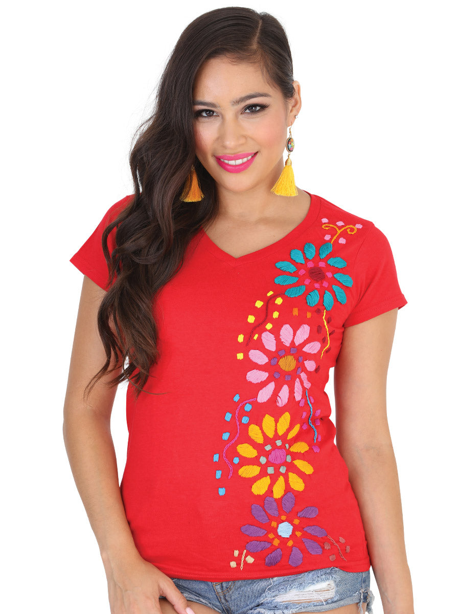 Artisanal Embroidered Sport T-Shirt 50% Cotton 50% Polyester Red  601988