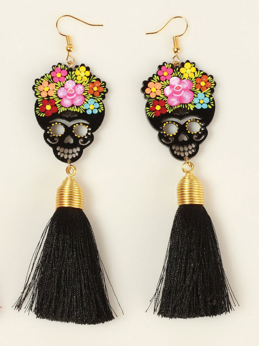Artisanal Hand Painted Earrings Wood-Silk Thread Black 602939