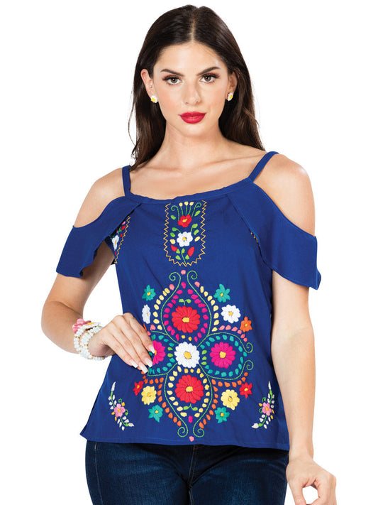 Artisanal Embroidered Blouse 100% Cotton Blue 603069